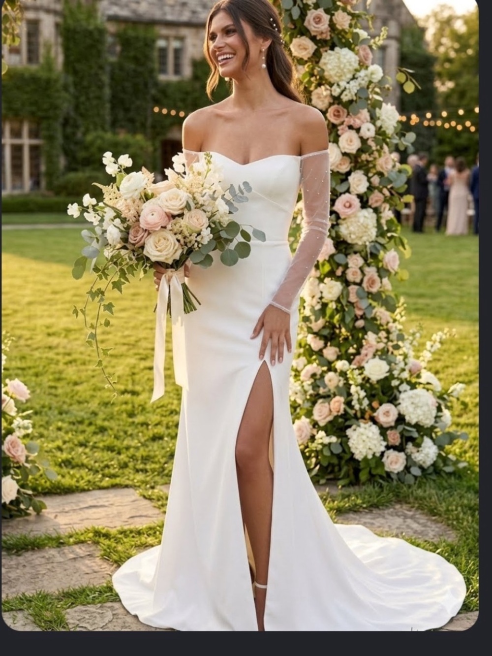 New Lulus Eternally BelovedOff-Shoulder Wedding Dress with Sheer Sleeve Sz Large
